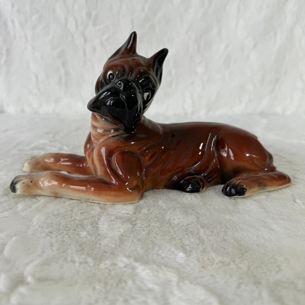 Vintage Boxer Dog Figure Ceramic Porcelain Laying Down